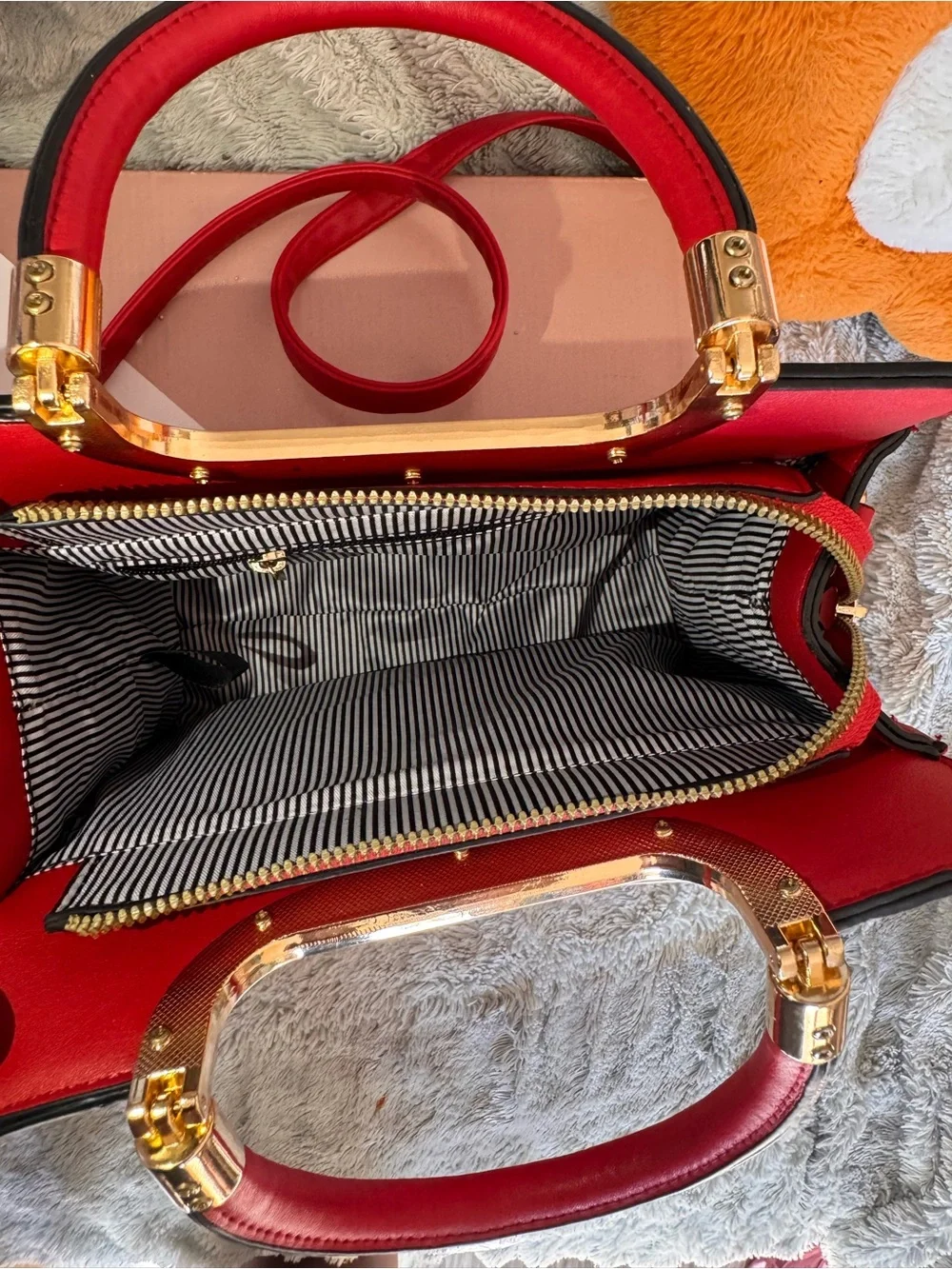 Red Structured Top-Handle Satchel with Gold Accent
